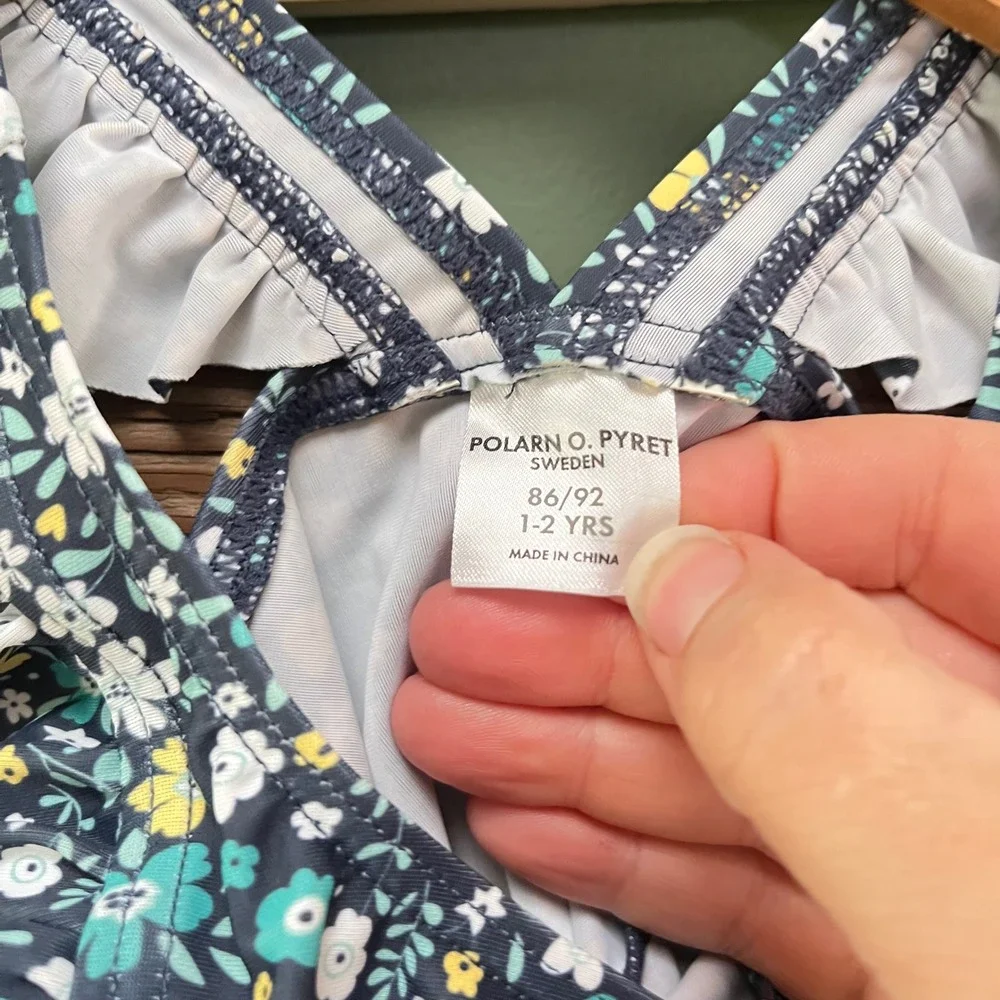 Polarn O. Pyret Floral Ruffle One Piece Swimsuit Navy Teal Yellow Kids 1-2 Years